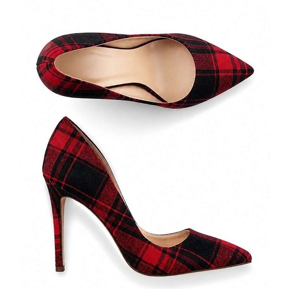 DESIGNER JESSICA SIMPSON RED/BLACK PLAID FABRIC POINTED TOE HIGH HEEL PUMPS 9.M